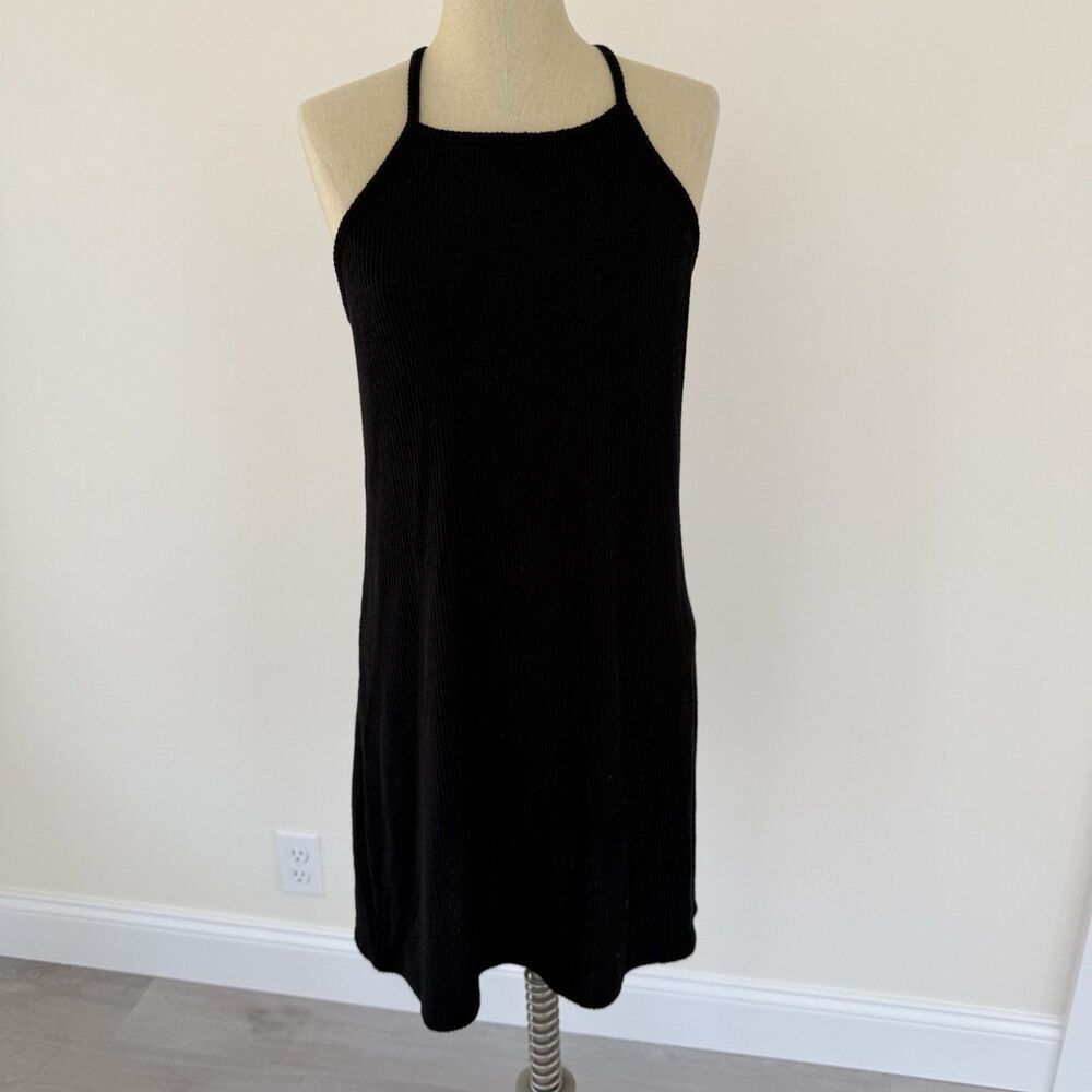 VANS Black Spaghetti Strap Ribbed Jersey Knit Sporty Short Sun Dress Size L